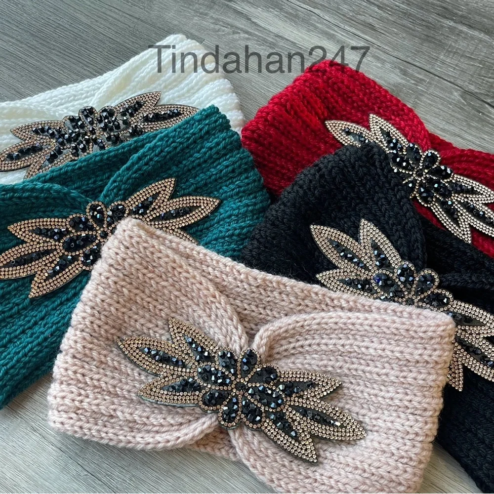 Daisy Gem Flower Design Bloody Red Knit Knot Crochet‎ Handmade Headband